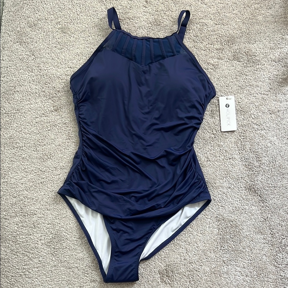 Holipick Blue One Piece Swimsuit High-Cut Scoop Neck